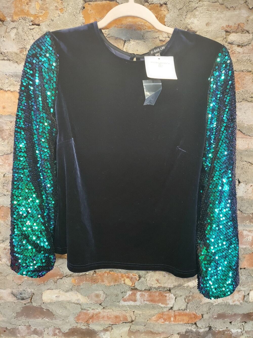 SUGAR + LIP2 Womens Blouse S Navy Blue Velvet Teal Green Sequin Long Sleeve NWT